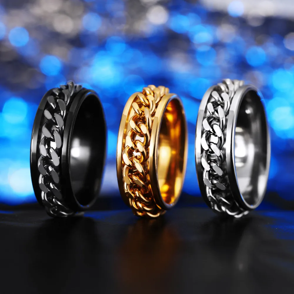 Женское кольцо из нержавеющей стали кольца 8 мм черная Золотая цепочка