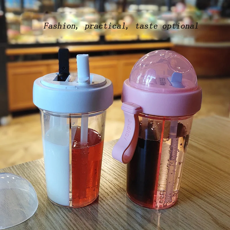 Creative Bubble Tea Tumbler Portable Dual-Use Drinking Cup with Double Straw Reusable Plastic cup for bubble tea boba tumbler