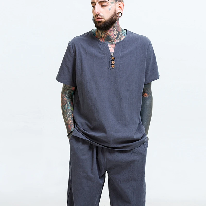 Men's linen large T-shirt cotton size 7XL 8XL 9XL 10XL summer short-sleeved V-neck casual blue | Мужская одежда
