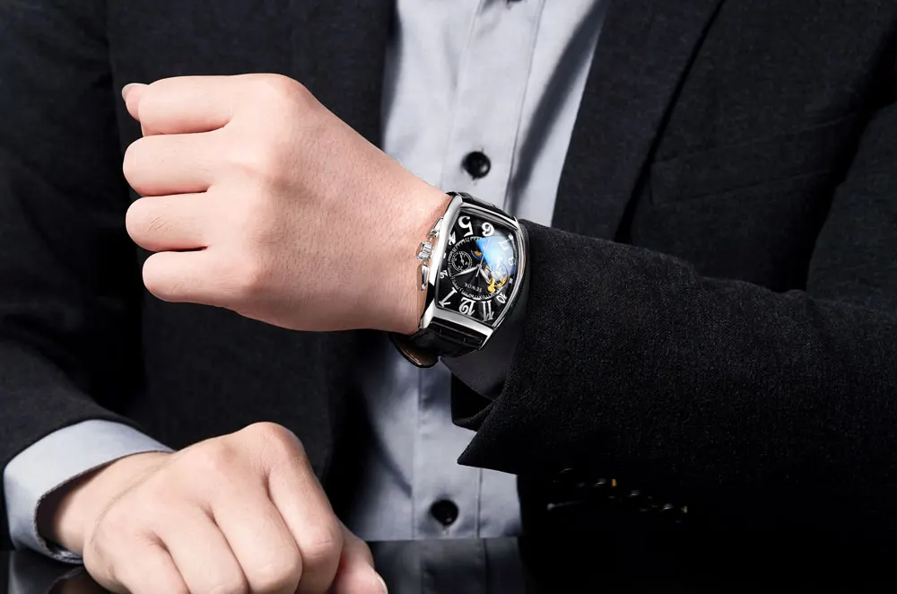 SEWOR, новинка, черные, золотые, Tonneau Tourbillon, автоматические механические часы для мужчин, ремешок из натуральной кожи, мужские часы, мужские наручные часы