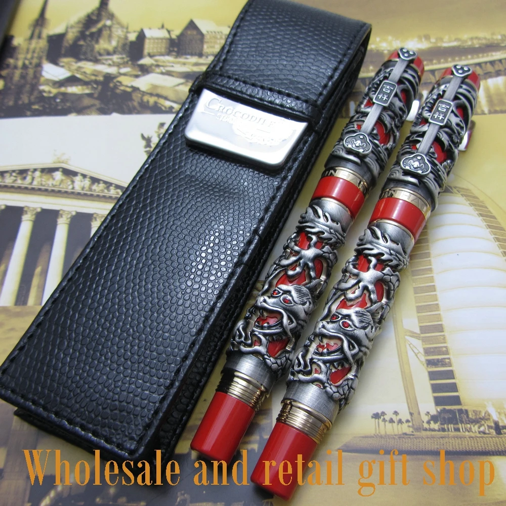 2pcs pen Jinhao Dragon Phoenix Heavy Gray Red Chinese Classical Luck Clip and pen bag free shipping