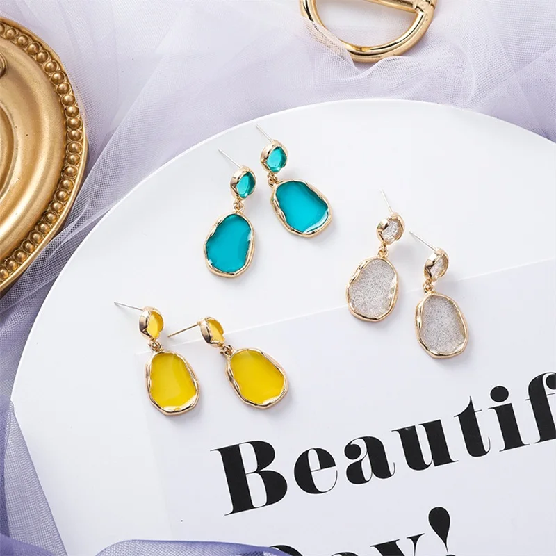 Korea Trends Geometry Acrylic Pendant Earrings Color Metal Long Women Summer Simple Joker Jewelry Accessories | Украшения и