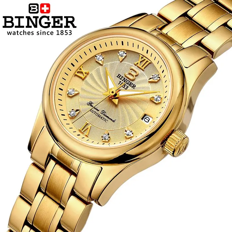 

BINGER Women's Watches Luxury 18K Gold Mechanical Wristwatches Stainless Steel Waterproof Clock Women Dress Watch