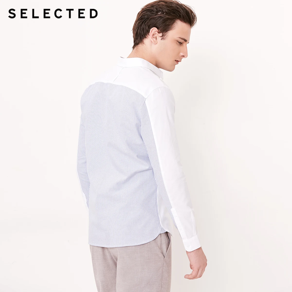 Отборные мужские хлопок Slim Fit полосой сращивания Повседневная рубашка S | 418305526