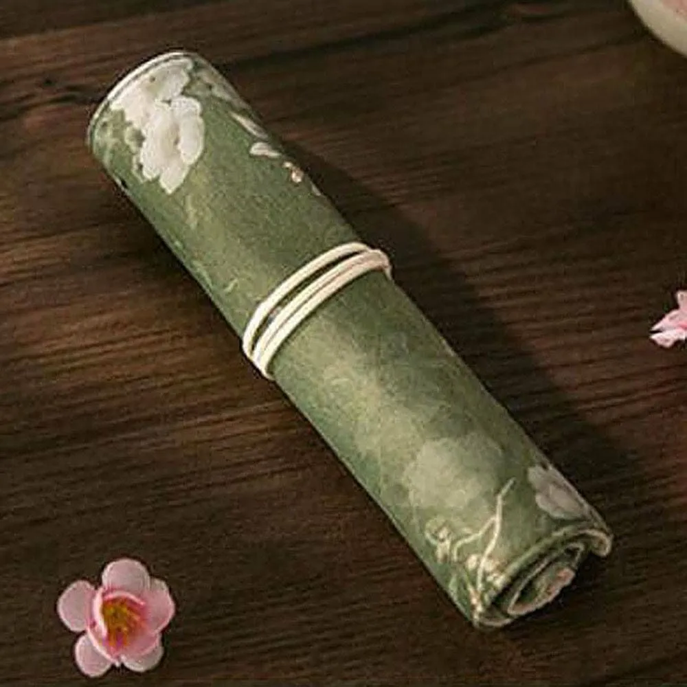 green Китайский стиль, цветочный чехол-карандаш, сумки для девочек, симпатичная кисточка для макияжа, сумки для хранения, холщовый чехол для школьной ручки, рулон - Цвет: green