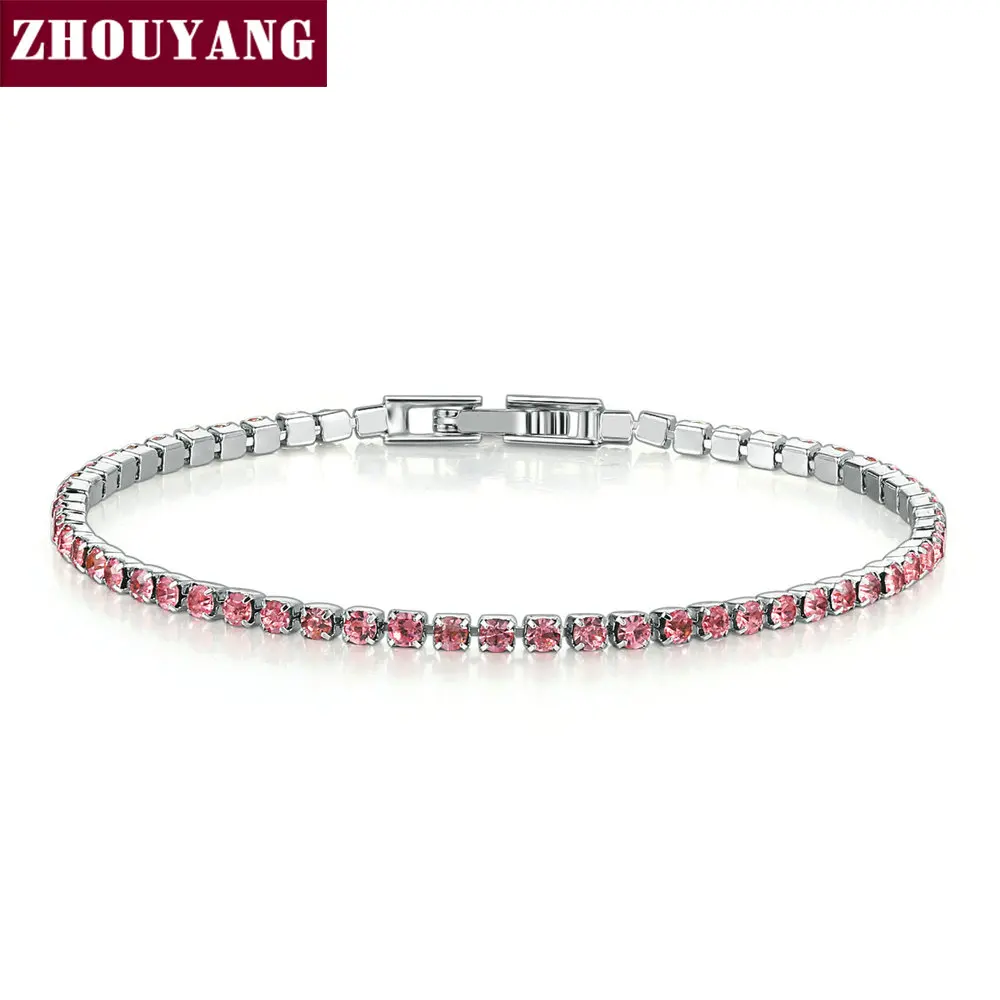 ZHOUYANG браслет для женщин, Роскошные, разные цвета на выбор, 2,5 мм, CZ Кристалл, розовое золото, серебро, вечерние, подарок, модное ювелирное изделие KC128 - Окраска металла: Platinum Pink