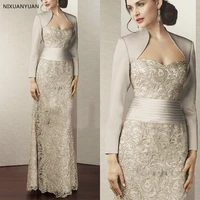 fashion lace mother of the bridal dress with jacket 2021 long sleeves satin women formal evening gown for wedding party