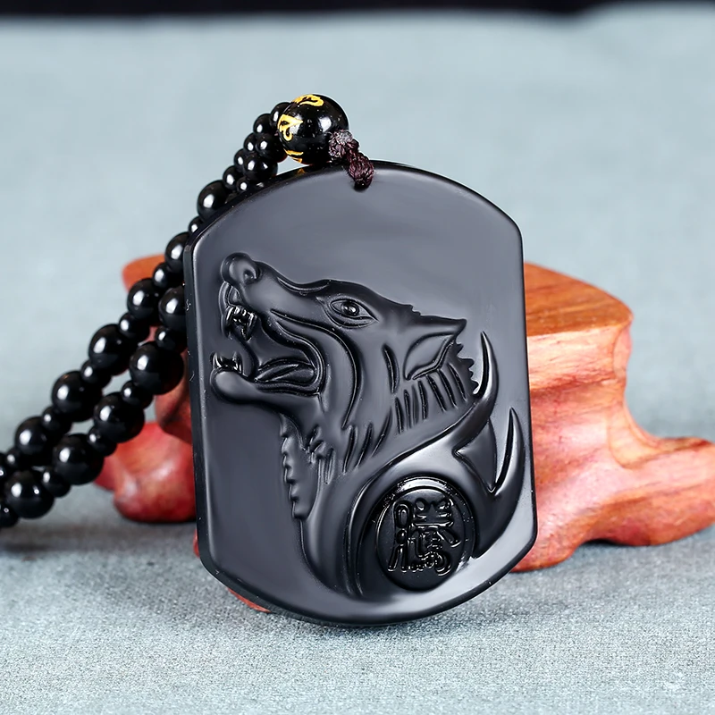 1 pcs Natural Obsidian Carved Totem Wolf Head Shape Charms Beaded Rope Pendant Necklace For Fashion Men&Women Jewelry