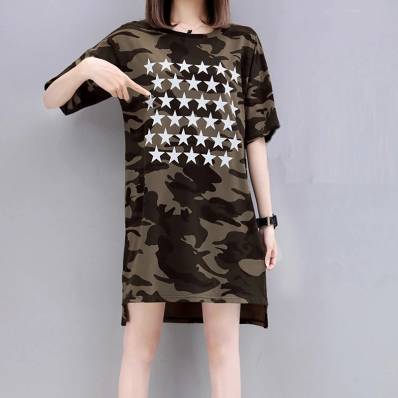 Большие размеры хлопковые платья 2018 летние с принтом звезд коротким рукавом
