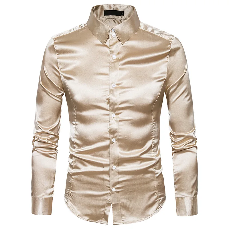 Новая золотая шелковая атласная рубашка для мужчин Chemise Homme 2018 модная мужская