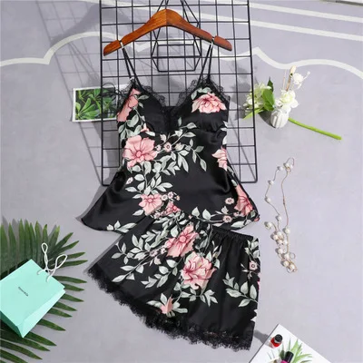 black 2pcs Качественные пижамы для женщин комбинезон с принтом 4 шт шелковые пижамы набор атласная пижама Шорты Сексуальная кружевная пижама ночная рубашка домашняя одежда - Цвет: black 2pcs