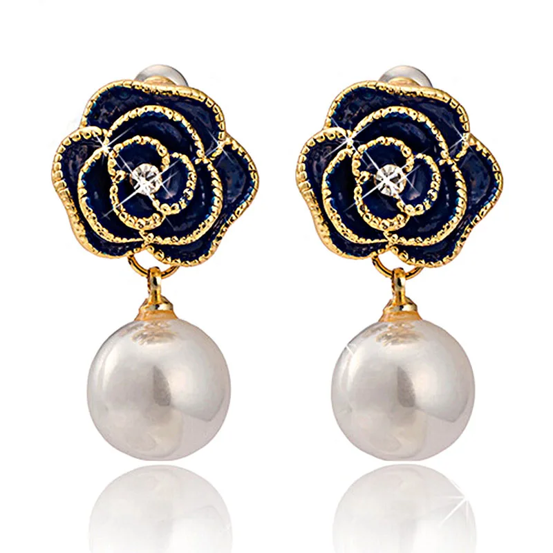 Luxurious Rhinestones Blue Rose Flower White Pearl Women Drop Earrings for Wedding Engagement Jewelry A1285 | Украшения и
