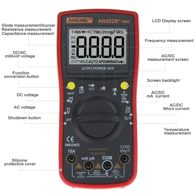 AN882B+ TRUE-RMS Цифровой мультиметр автоматический диапазон 6000 отсчетов TRMS NCV AC DC метр
