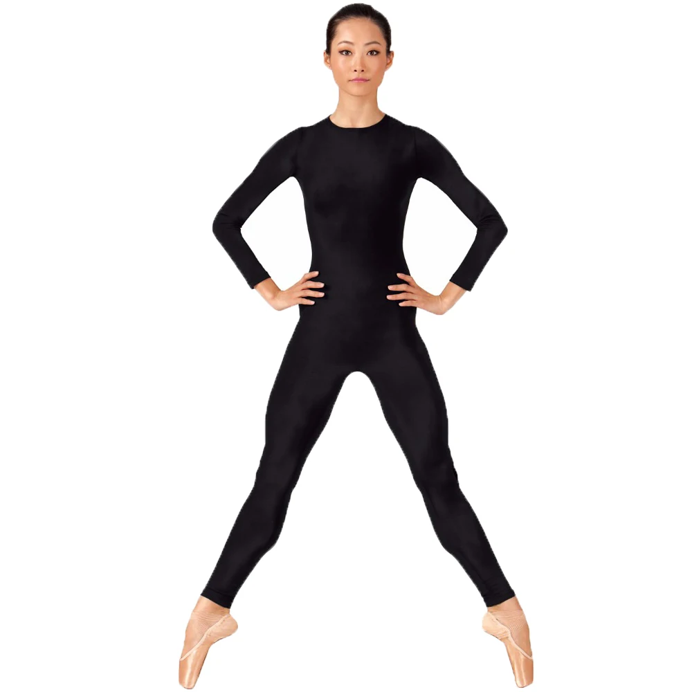 Womens Full Body Dance Unitard Adults Black Crew Neck Long Sleeve Gymnastics Unitards Jumpsuits Sports Wear Skin Tights | Тематическая