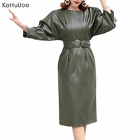 kohuijoo spring autumn new fashion leather dress women long sleeve sashes high waist pu leather dresses o neck knee length