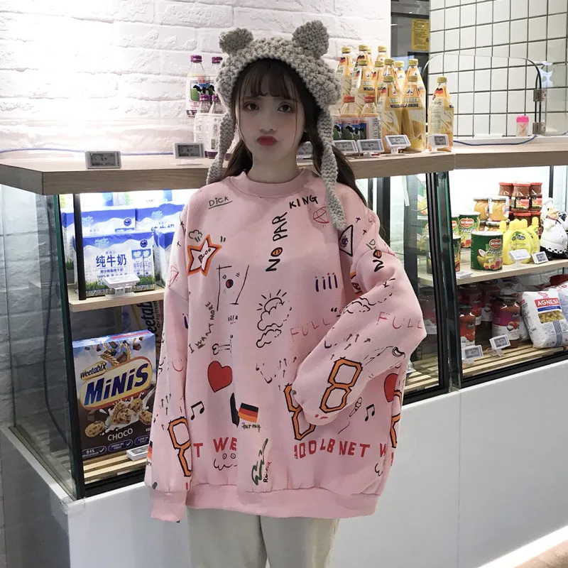 Граффити Повседневная Свободная Толстовка Женские кофты японский Harajuku Ulzzang