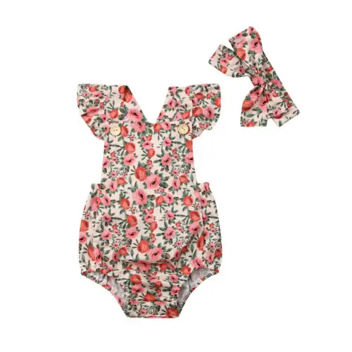 Летняя одежда комбинезон с цветочным рисунком для новорожденных девочек