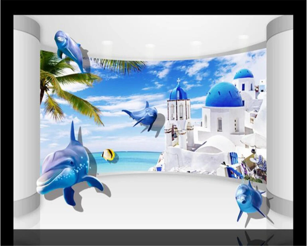 

beibehang Customizable Scrubable Silk Cloth Wallpaper Dream Seaside World 3d Dolphin Stereo TV Backdrop Wall 3d wallpaper tapety