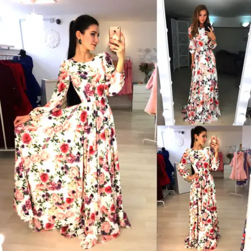 Новинка 2017 женское богемное Платье макси с цветочным принтом вечерние пляжные