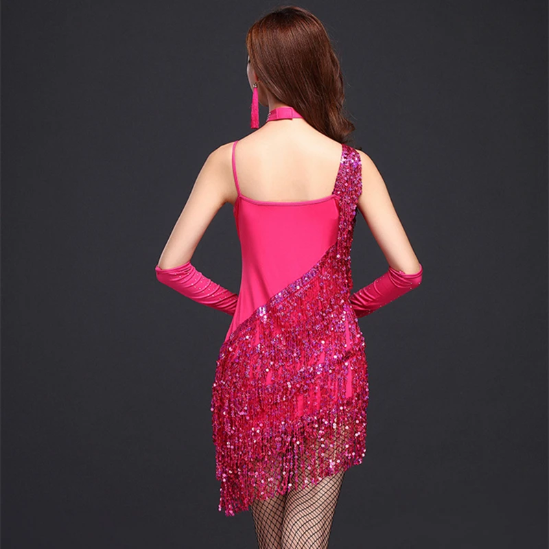 

Women Dresses latin dance dress Sequins Fringes Skirt Women Latin Tango Ballroom Salsa Dance Dress (clothing+Necklace+gloves)