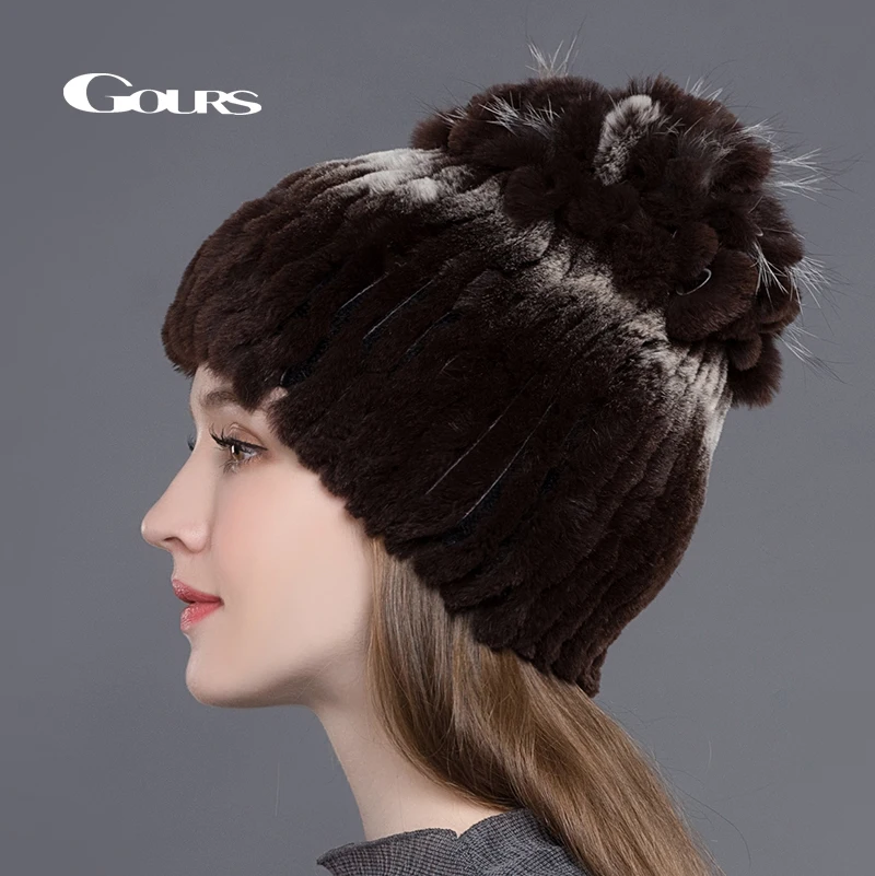 

Gours Women Fur Hats Natural Rex Rabbit Fox Fur Caps Winter Warm Russian Ladies Fashion Brand High Quality Beanies New Arrival