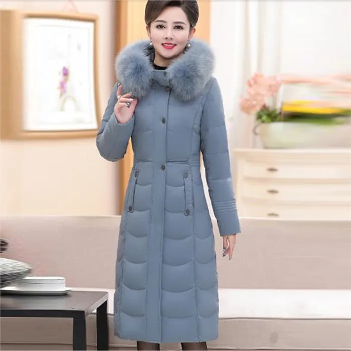 grey blue Новинка, плюс размер, женская зимняя куртка, высокое качество, пуховики, утолщенное пальто с капюшоном для женщин среднего возраста, тонкая верхняя одежда, длинные пуховики - Цвет: grey blue