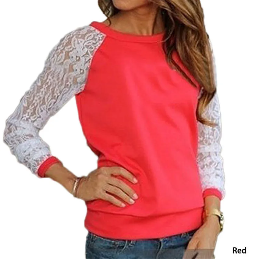 Blusa Feminina 2015 Women Casual Long Sleeve Lace Blouse Shirt O Neck Tops Solid Blouses Shirts Plus Size XXL |