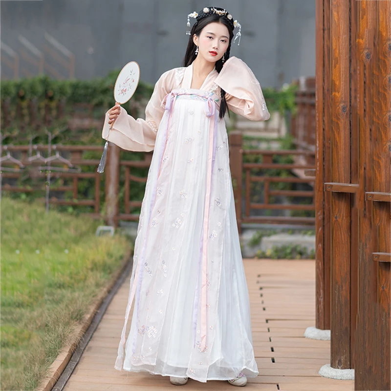 Hanfu Женский длинный рукав вышивка костюм Хана элемент династии Тан традиционный костюм Юбки феи платье принцессы для взрослых DN3508
