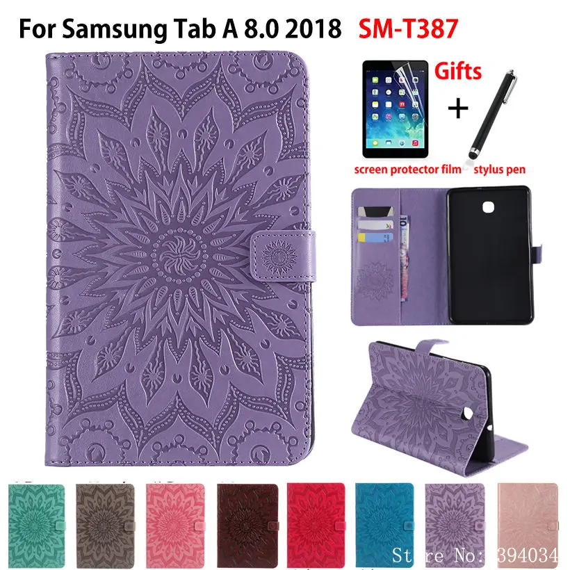 

Женский чехол для Samsung Galaxy Tab A 8,0, T387, T387V, 2018 дюйма, чехол для планшета, рельефный чехол-подставка с рисунком солнца + стилус + пленка