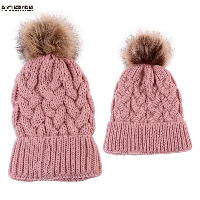 2018 Mother Baby Fashion Women Cap Warm Winter Beanie Fur Pom Hat Crochet Ski Ball cotton Toddler Knitted Beanies | Детская одежда и