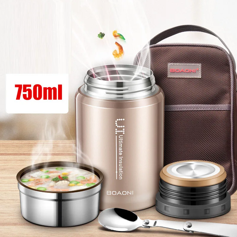 as picture 750ml BOAONI, 750 мл, термос, банка для еды с вакуумной изоляцией, нержавеющая сталь, термо-бокс для кухни, контейнер для еды, сохраняющий тепло, со складной ложкой - Цвет: as picture 750ml