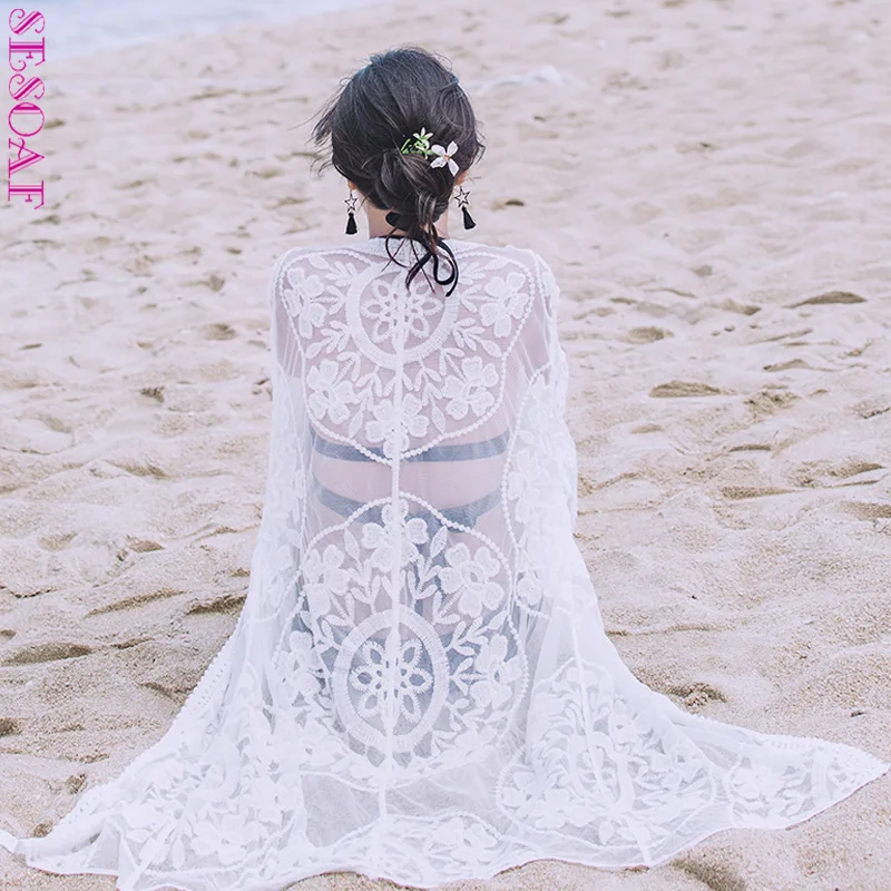 SESOAF Женская мода леди белый кружево выдалбливают кимоно кардиган повседневное