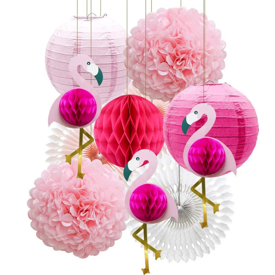 VOGVIGO 11Pcs Pink Flamingo Party Honeycomb DecorationTissue Paper Flowers Paper Fans for Girl Birthday Party Decoration