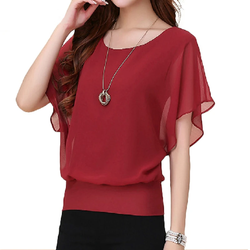 

YSDNCHI Summer Chiffon Blouse Women Shirts Ladies Tops For Women Plus Size Shirts Ruffle Batwing Short Sleeve Casual Shirt