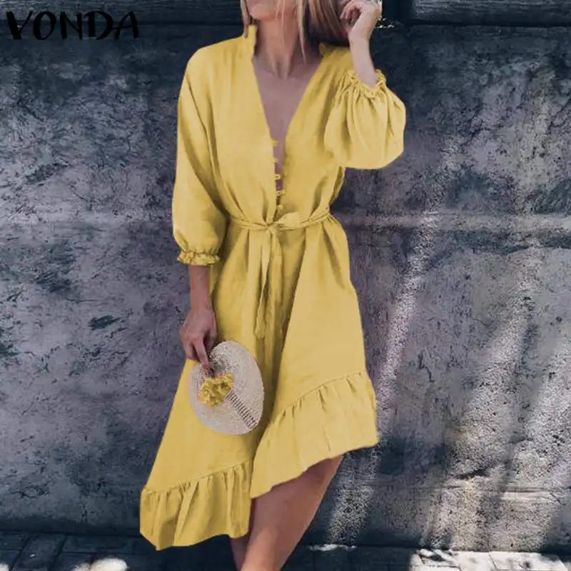 VONDA Осень женское платье повседневное Свободные Винтаж Vestidos Sexy V средства ухода за кожей Шеи пуговицы с пышными рукавами рюшами Лук пояс - Цвет: Цвет: желтый