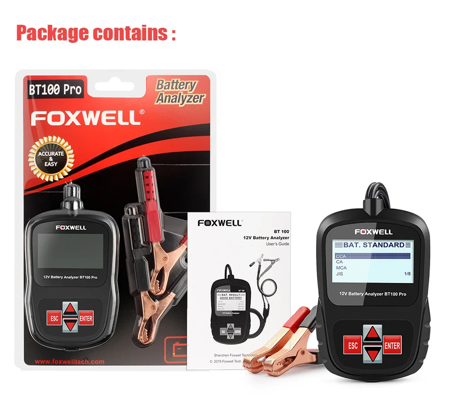 FOXWELL BT100 Pro 12 V автомобиль Батарея тестер для свинцово кислотная лавинно AGM гель 12 вольт Автомобильный цифровой Батарея анализатор 100-1100CCA