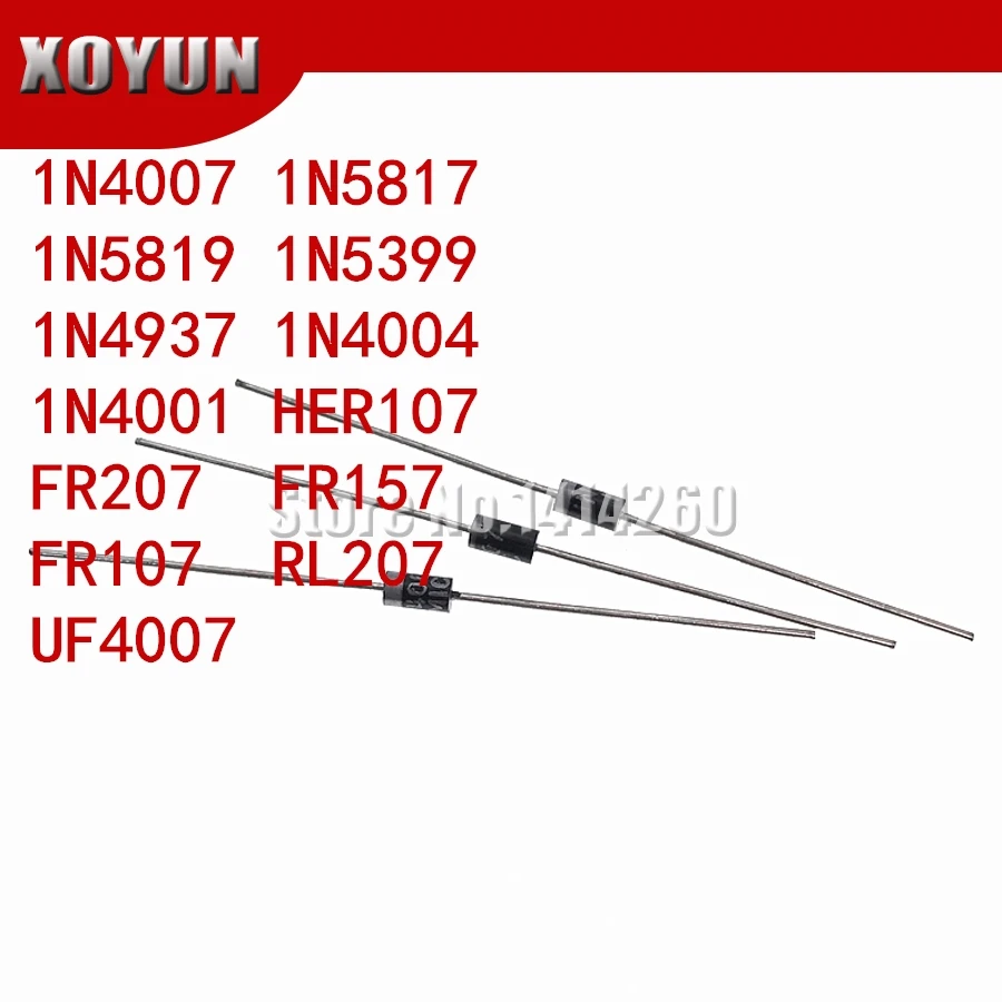 100 шт./лот диод выпрямителя 1N4007 1N5817 1N5819 1N5399 1N4937 1N4004 1N4001 HER107 FR207 FR157 FR107 RL207 UF4007 DO