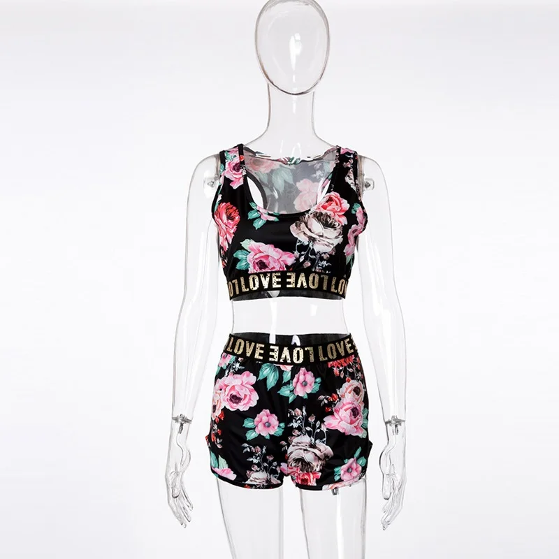 Женский короткий костюм Conjunto Feminino клубный с цветочным принтом и шортами лето