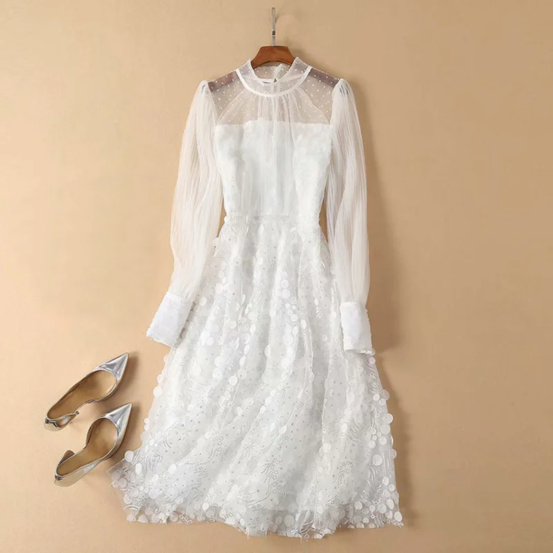 Bling пайетками see through белый/розовый Сетчатое платье Стенд воротник Длинные рукава ТРАПЕЦИЕВИДНОЕ ПЛАТЬЕ С Вышивкой летние вечерние женские платья - Цвет: Белый