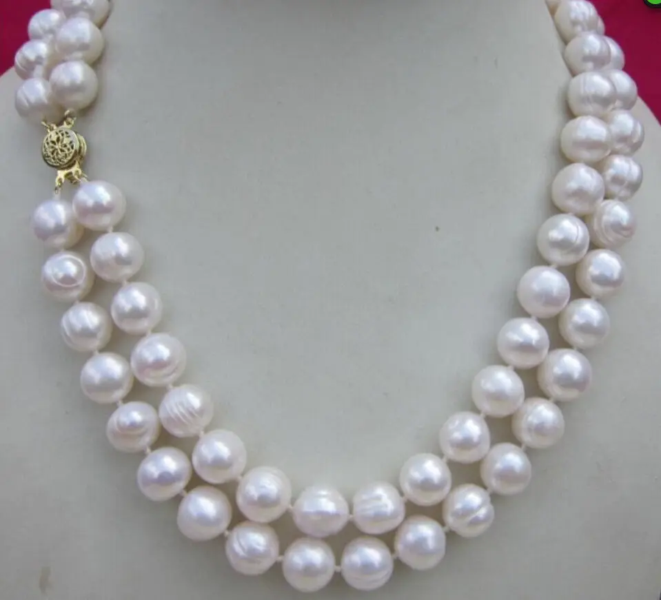 Модное Двухрядное ожерелье из натурального белого жемчуга 8-9 мм 17 - 18 дюймов 14K |