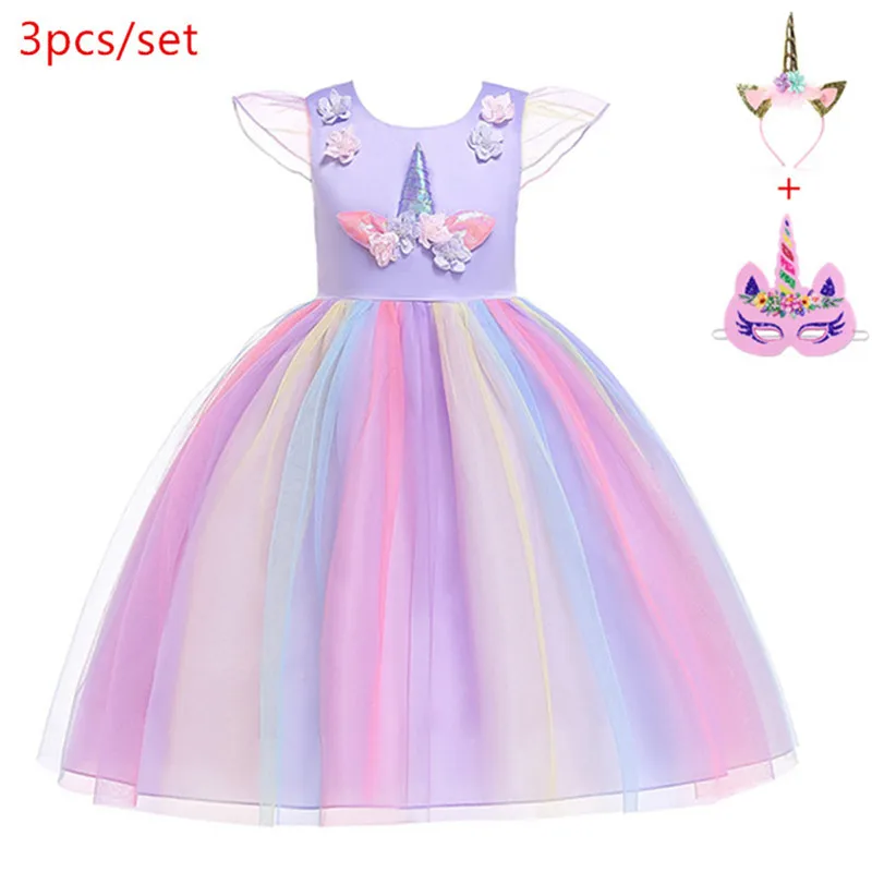 D0056purple-3pcs Платье в цветочек для девочек; платье для костюмированной вечеринки с единорогом; платье принцессы на день рождения для девочек; Детский костюм на Хэллоуин с единорогом - Цвет: D0056purple-3pcs