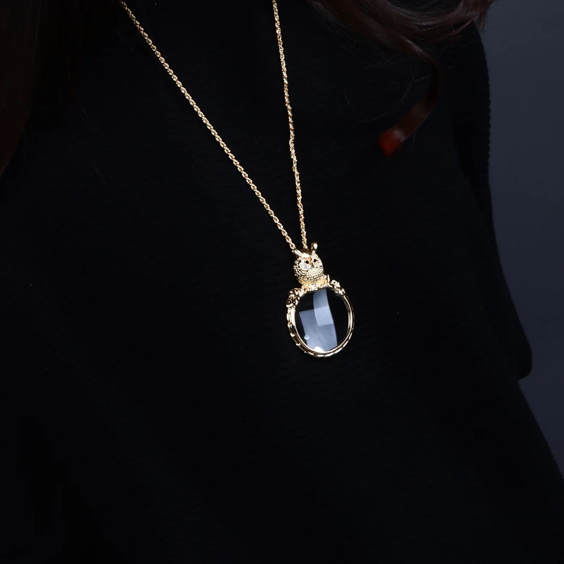 Owl Shape Women Gold Color Chain Necklace With 2X Magnifying Glass Pendant Daily Reading Purpose Nice Design | Украшения и