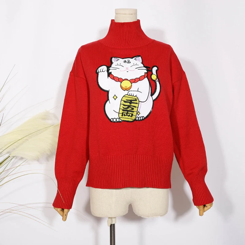 Япония Стиль Lucky Cat аппликации осенне-зимние женские свободные эластичные