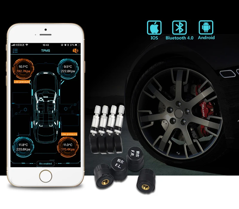 BLE TPMS автомобильный Bluetooth TPMS система сигнализации давления в шинах с 4 датчиками Поддержка Android и IOS Телефон