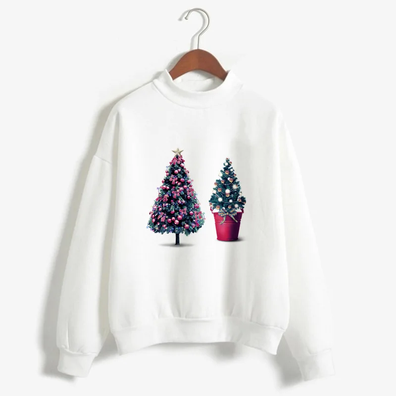 Fashion Christmas Printing High-collar Long Sleeves Pullovers Casual Solid White Sweatshirts with Cartoon Pattern | Женская одежда