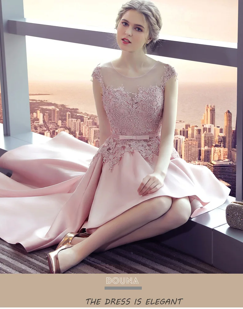 Vestido madrinha 2019 новый кружевной атласный короткий Цельнокроеный рукав сзади Румяна