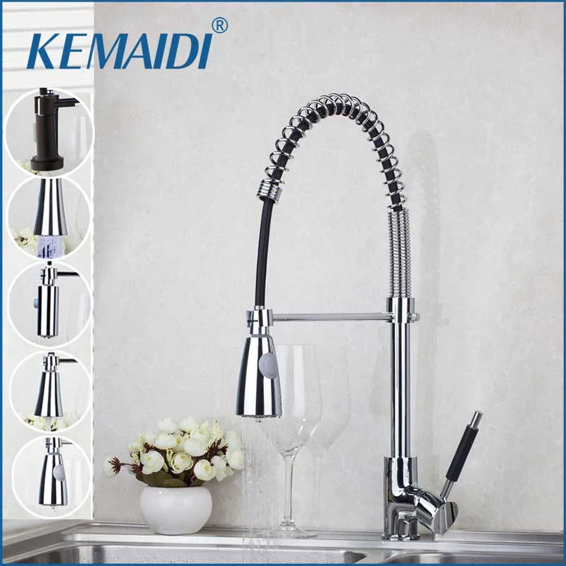 

KEMAIDI LED Kitchen Faucet With Two Functions Black Kitchen Faucets Pull Out Mixer W/ Push Button Swivel Vessel Sink Mixers Tap