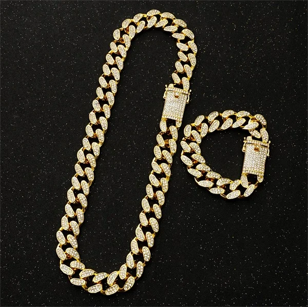 GoldNecklaceBracelet 20mm Heavy Hip Hop Iced Out Miami Cuban Link Chain for Mens Bling Full Crystal Rhinestone Gold Silver Necklace Jewelry Bracelets - Окраска металла: GoldNecklaceBracelet
