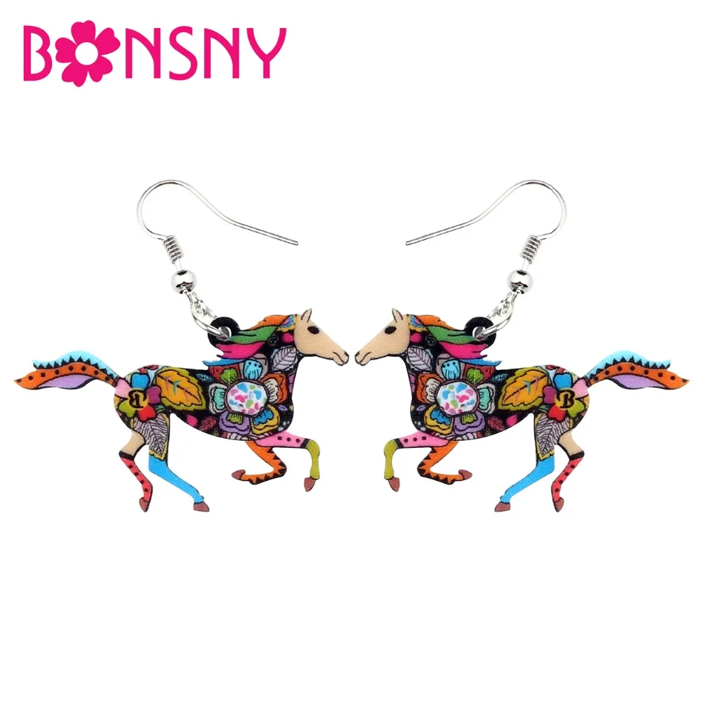 Акриловые элегантные серьги Bonsny в виде лошади для бега Висячие модные цветочные
