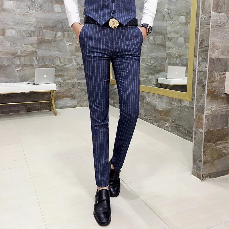 

2019 New Men Striped Suit Pants Size 5XL Slim Fit Mens Gray Trousers Comfortable and Elegant